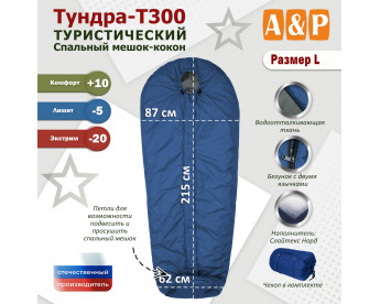 Спальный мешок туристический "Тундра - Т300". Размер L. Цвет: синий с серым.
